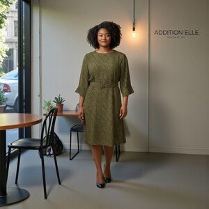 NEW, Addition Elle, Floral Print Belted Dress, 14W Plus Size, Green & Black